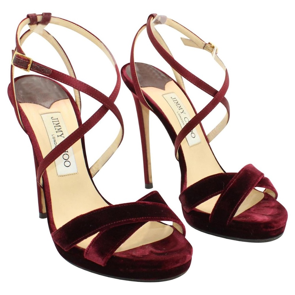 Jimmy Choo Burgundy Velvet And Satin Lola Cross Strap Sandals Size 39 - Picture 3 of 16